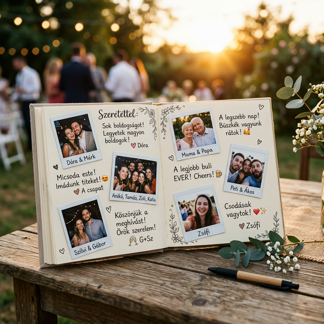Emlékkönyv nyitott lapokkal, vendégek által írt üzenetekkel és polaroid szelfikkel, naplementés fénnyel